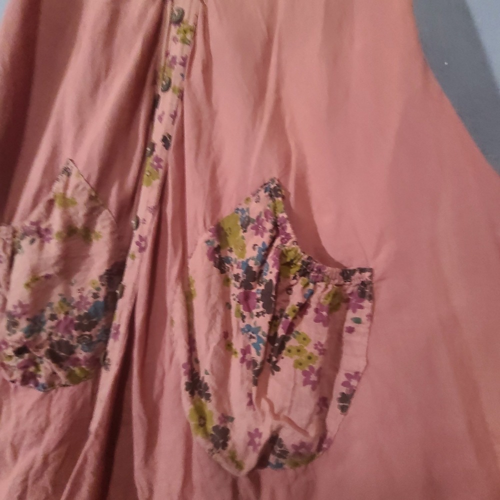 Fairycore Midi Dress Women Coral Pink Floral Trim Layered Boho Pockets Large - Picture 2 of 12